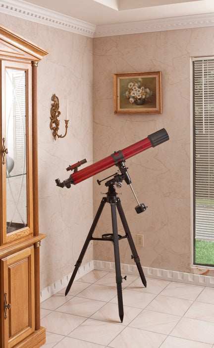 Carson Red Planet 50-111x90mm Refractor Telescope Standing at the Corner Indoors