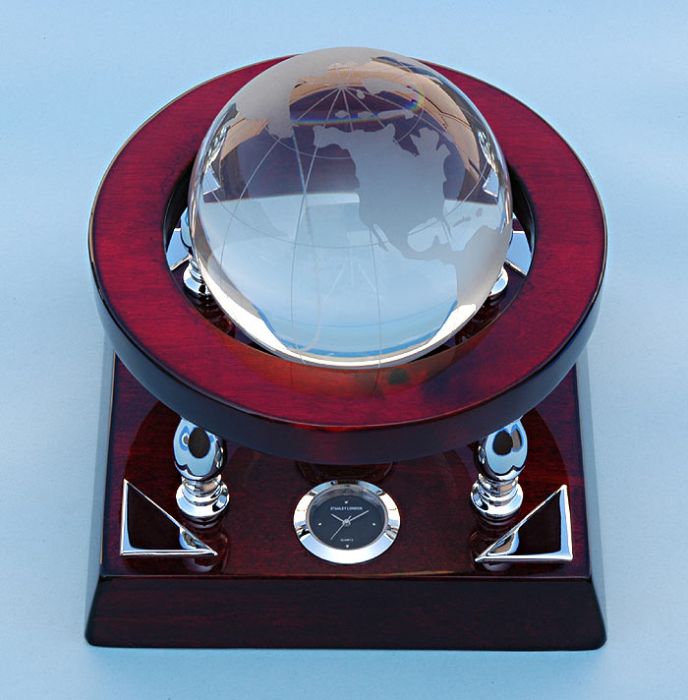 Stanley London Engravable Mahogany Desk Clock With Crystal Globe