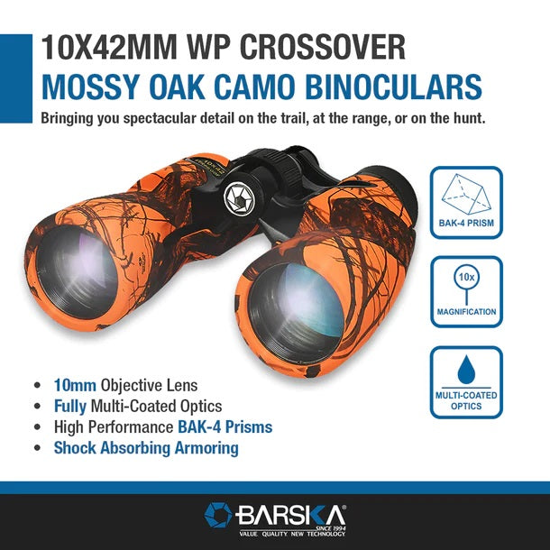 Barska 10x42mm WP Crossover Mossy Oak Blaze Camo Binoculars Features
