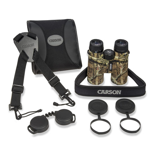 Carson 3D Series 10x42mm ED Glass Binoculars in Mossy Oak Included Accessories
