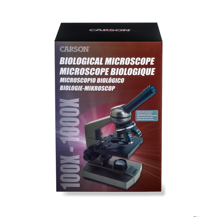 Carson Intermediate 100x-1000x LED Compound Microscope and Smartphone Adapter Front Box