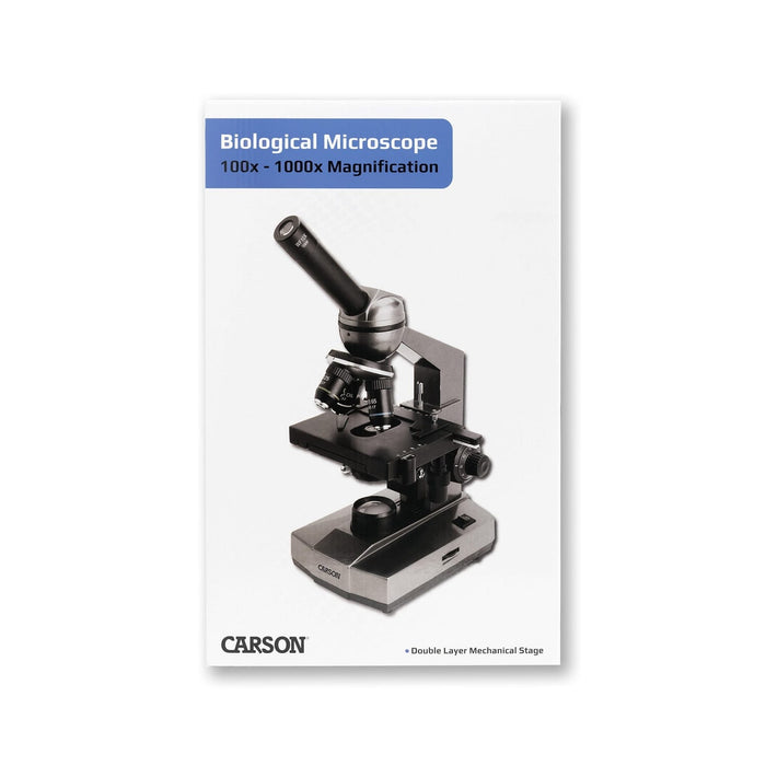 Carson Intermediate 100x-1000x LED Compound Microscope with Mechanical Stage Front Box
