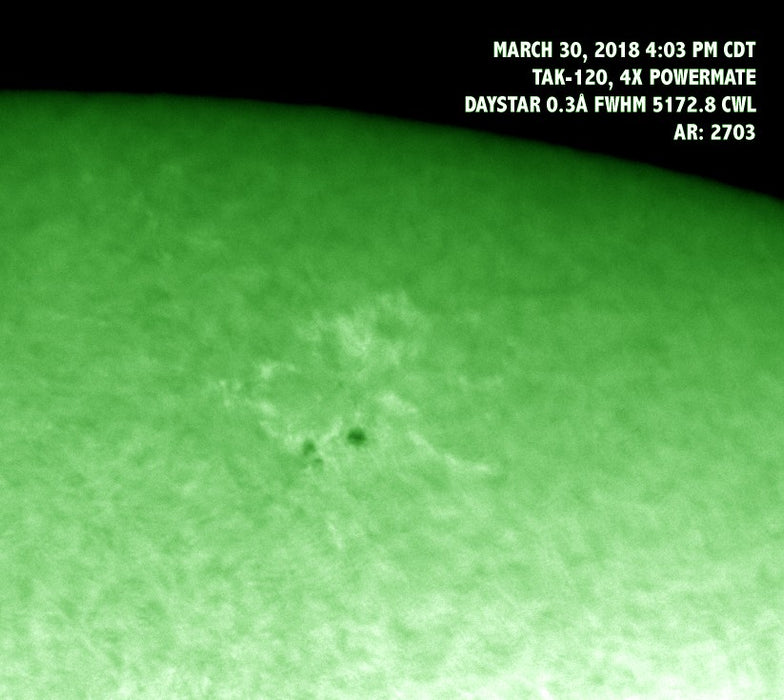 Image No.1 Captured Using DayStar QUARK Eyepiece Solar Filter - Magnesium I b2 Line