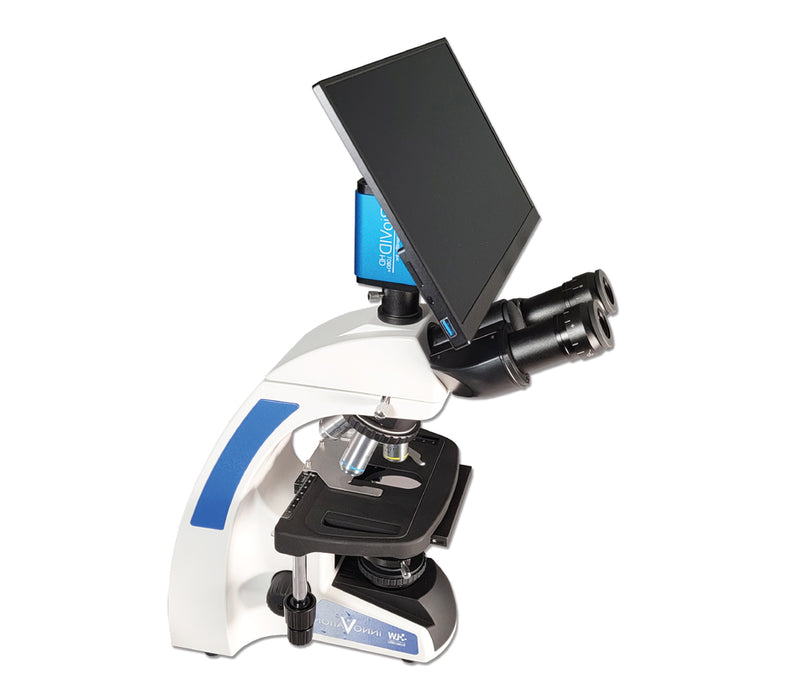 LW Scientific Innovation Trinocular Microscope with BioVID 1080+ Camera and 13" Monitor Left Side Profile of Body  