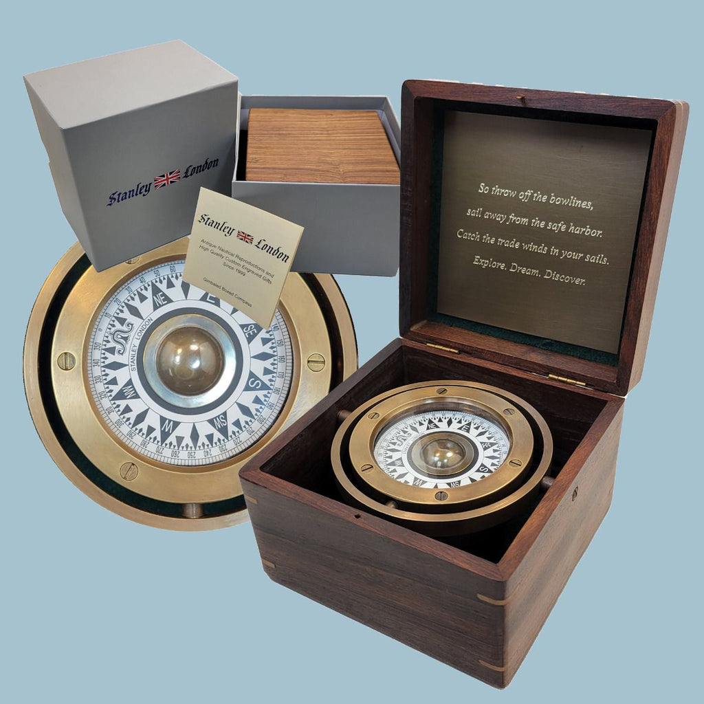 Brass compass, handcrafted, in a free wooden box.