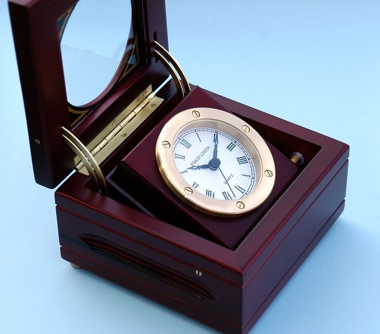 Stanley London Engravable Boxed Quartz Clock In Satin Finish Mahogany Case Body Side Profile Right