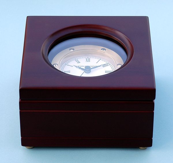 Stanley London Engravable Boxed Quartz Clock Satin Finish Mahogany Case Body Front Profile