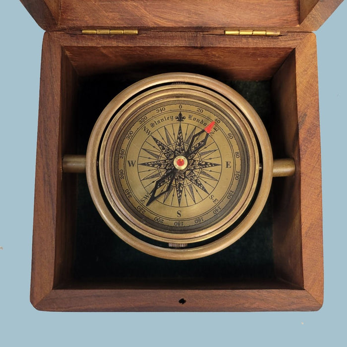 Stanley London Engravable Standard Antique Brass Desk Compass Body Inside the Wooden Box 