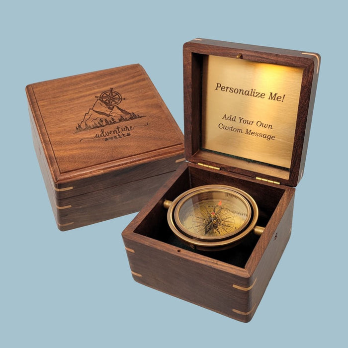 Stanley London Engravable Standard Antique Brass Desk Compass In Wooden Box