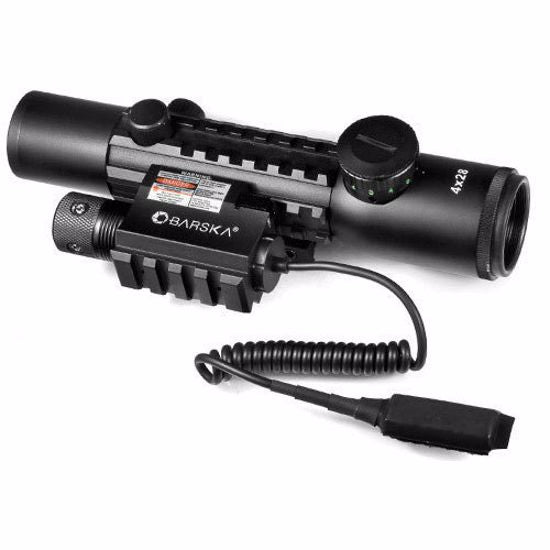 Barska 4x28mm IR Electro Sight Multi-Rail Tactical Rifle Scope GLX Red Laser Com
