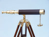 Hampton Nautical 30-Inch Floor Standing Harbormaster Brass/Leather Telescope Body Side Profile Right