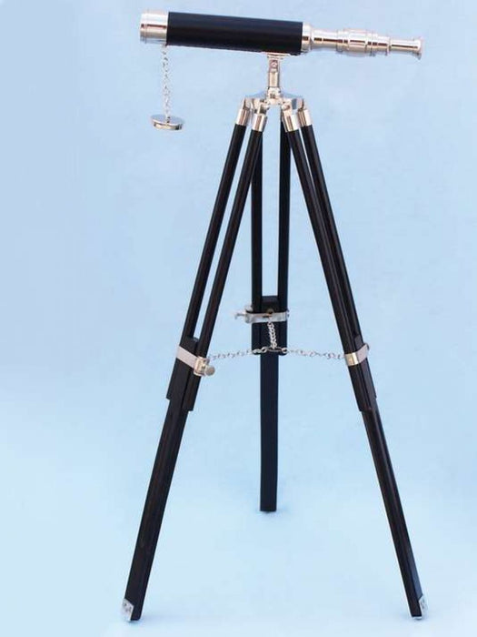 Hampton Nautical 30-Inch Floor Standing Harbormaster Chrome - Leather Telescope Mounted on Tripod Side Profile Left