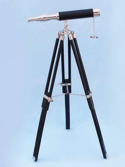 Hampton Nautical 30-Inch Floor Standing Harbormaster Chrome - Leather Telescope Mounted on Tripod Side Profile Right