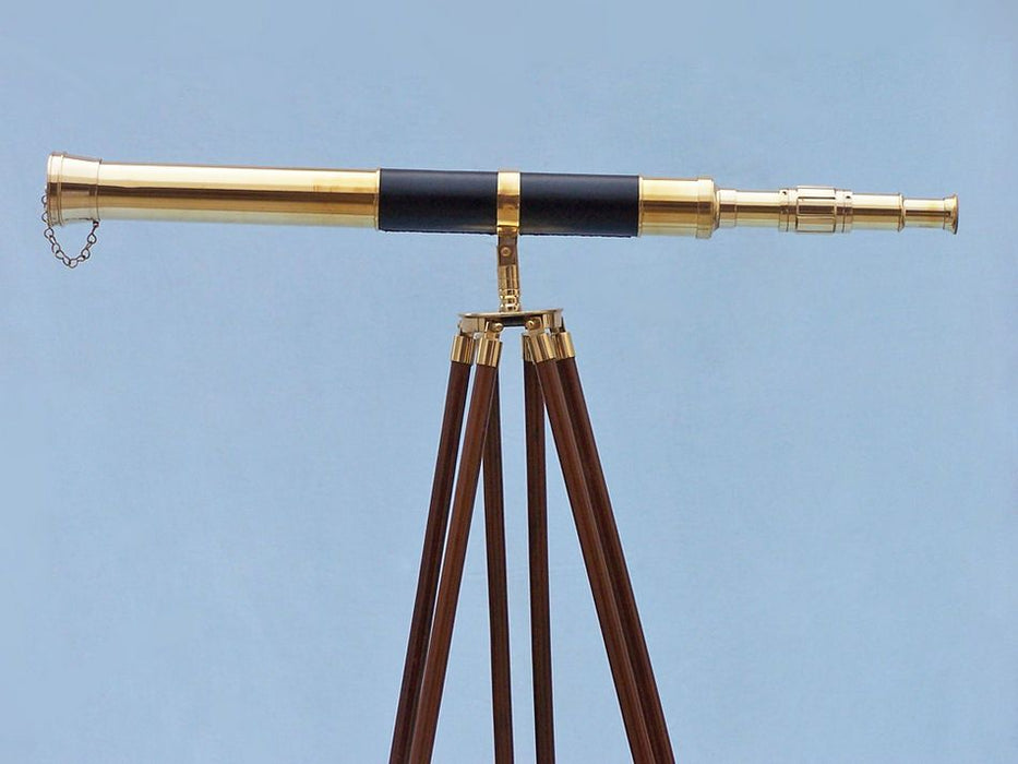 Hampton Nautical 60-Inch Admirals Floor Standing Brass with Leather Telescope Body on Tripod Side Profile Left