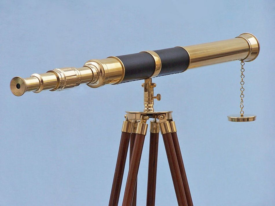 Hampton Nautical 60-Inch Admirals Floor Standing Brass with Leather Telescope Body on Tripod Side Profile Right