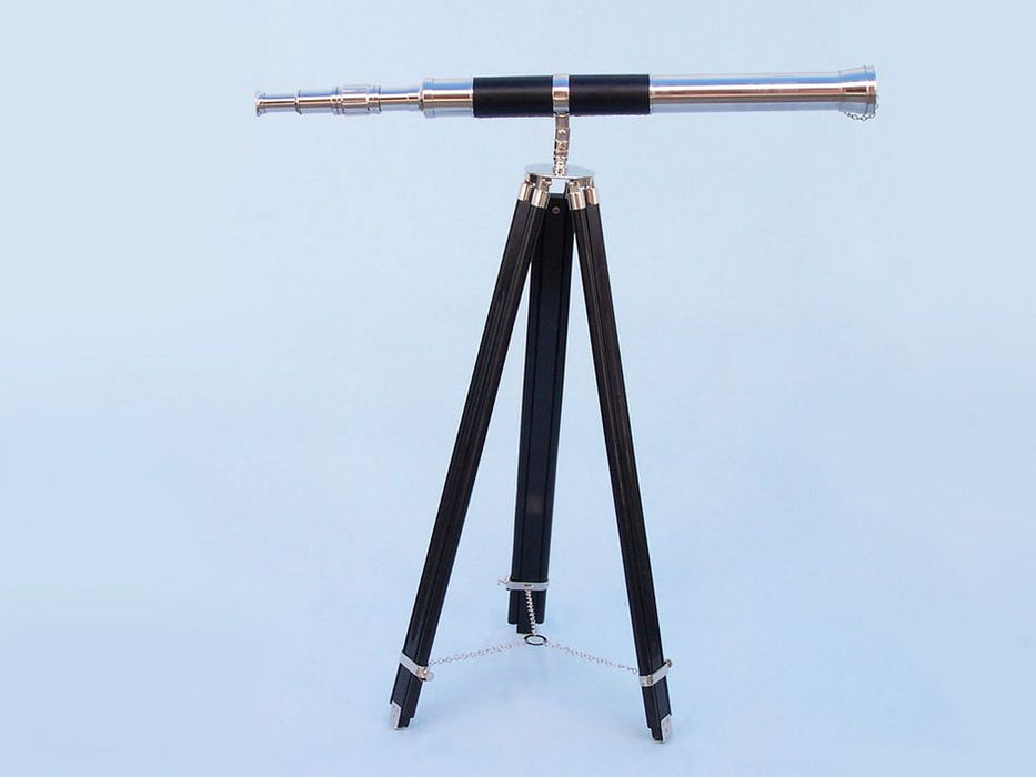 Hampton Nautical 60-Inch Admirals Floor Standing Chrome with Leather Telescope Mounted on Tripod Standing Up