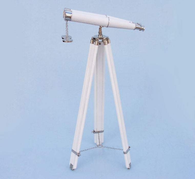Hampton Nautical 62-Inch Collection Chrome with White Leather Binoculars Body Mounted on Tripod