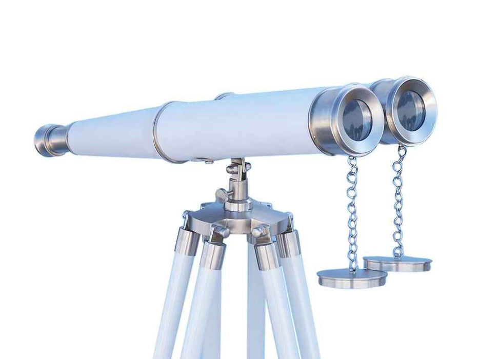 Hampton Nautical 62-Inch Collection Floor Standing Brushed Nickel with White Leather Binoculars