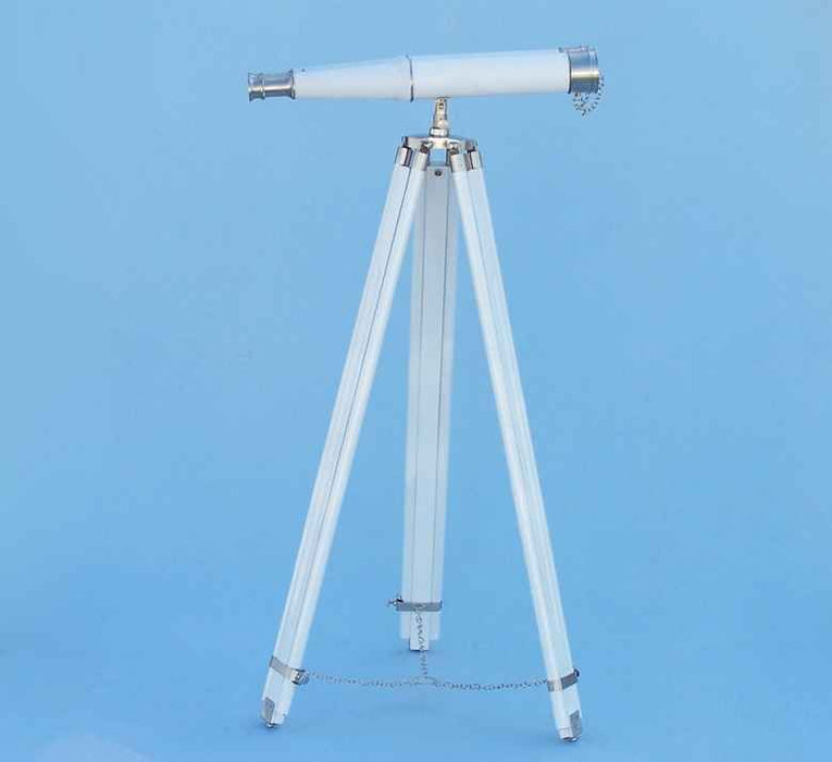 Hampton Nautical 62-Inch Collection Floor Standing Brushed Nickel with White Leather Binoculars Body Mounted on Tripod 