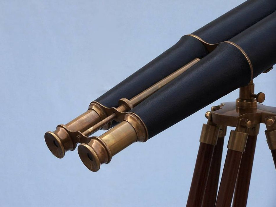 Hampton Nautical 62-Inch Floor Standing Admirals Antique Brass Binoculars with Leather Body Eyepieces Right Side Profile