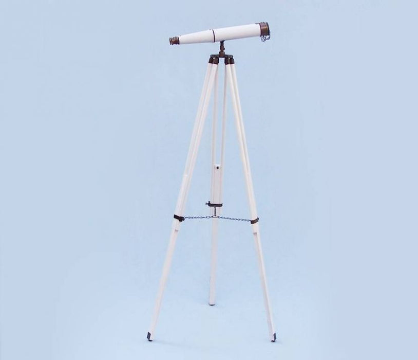 Hampton Nautical 62-Inch Floor Standing Admirals Bronzed with White Leather Binoculars Body on Tripod with Extended Legs