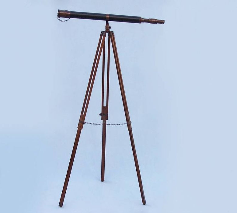 Hampton Nautical 62-Inch Floor Standing Bronzed with Leather Galileo Telescope Body Mounted on Tripod with Extended Legs and Chain