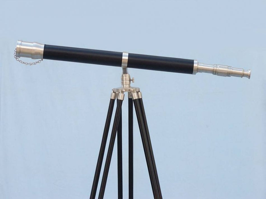 Hampton Nautical 62-Inch Floor Standing Brushed Nickel with Leather Galileo Telescope on Tripod Side Profile Left