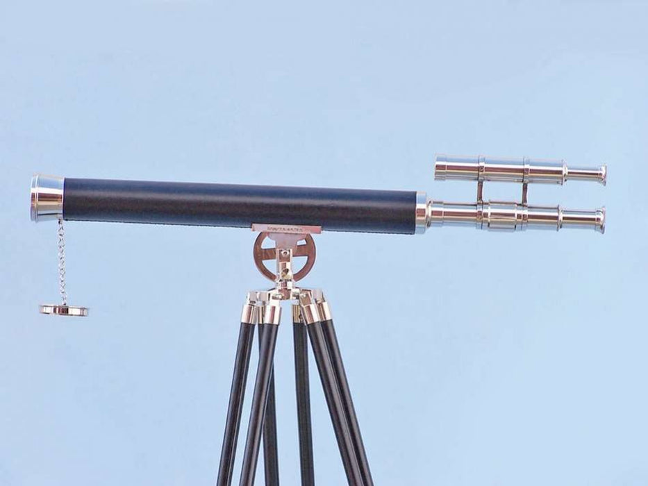 Hampton Nautical 64-Inch Chrome-Leather Griffith Astro Telescope with Black Wooden Legs Body Mounted on Tripod Left Side Profile