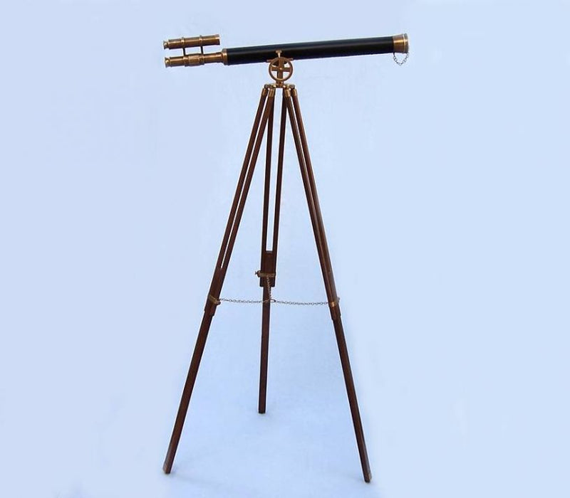Hampton Nautical 64-Inch Floor Standing Antique Brass with Leather Griffith Astro Telescope Body Mounted on Tripod with Extended Legs and Chain