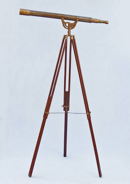 Hampton Nautical 65-Inch Floor Standing Antique Brass Anchormaster Telescope Body Mounted on Tripod with Extended Legs and Chain Left Side Profile