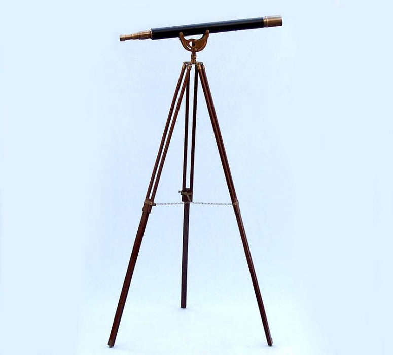 Hampton Nautical 65-Inch Floor Standing Antique Brass Leather Anchormaster Telescope Body Mounted on Tripod with Extended Legs