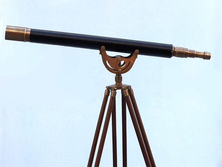 Hampton Nautical 65-Inch Floor Standing Antique Brass Leather Anchormaster Telescope on Tripod Standing Up