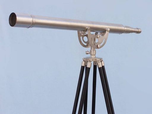 Hampton Nautical 65-Inch Floor Standing Brushed Nickel Anchormaster Telescope Mounted on Tripod Left Side Profile