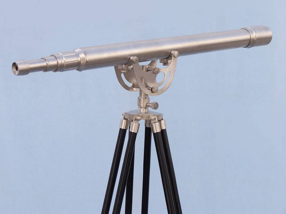 Hampton Nautical 65-Inch Floor Standing Brushed Nickel Anchormaster Telescope Rear Body on Tripod Side Profile Right