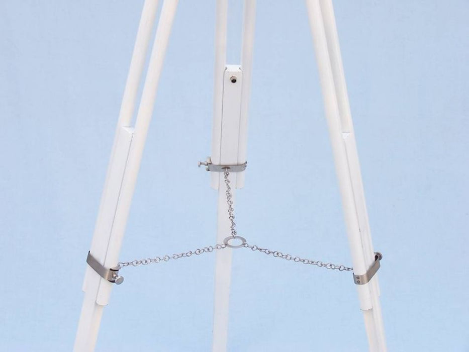 Hampton Nautical 65-Inch Floor Standing Brushed Nickel With White Leather Galileo Telescope Nickel Chain