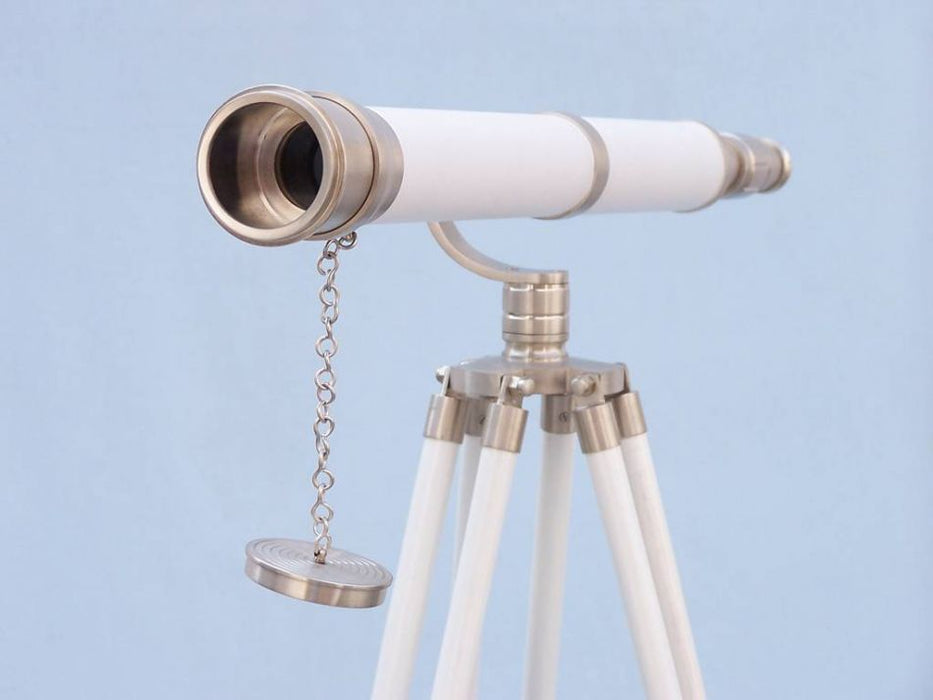 Hampton Nautical 65-Inch Floor Standing Brushed Nickel With White Leather Galileo Telescope Objective Lens with Cover