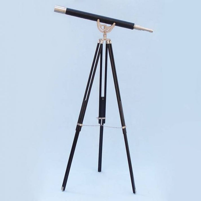 Hampton Nautical 65-Inch Floor Standing Brushed Nickel with Leather Anchormaster Telescope Body Mounted on Tripod with Extended Legs