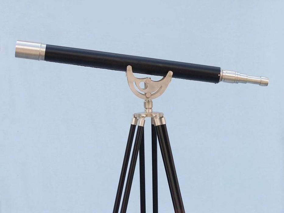 Hampton Nautical 65-Inch Floor Standing Brushed Nickel with Leather Anchormaster Telescope Body on Tripod Left Side Profile
