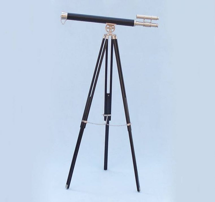 Hampton Nautical 65-Inch Floor Standing Brushed Nickel with Leather Griffith Astro Telescope Body Mounted on Tripod with Extended Legs and Chain