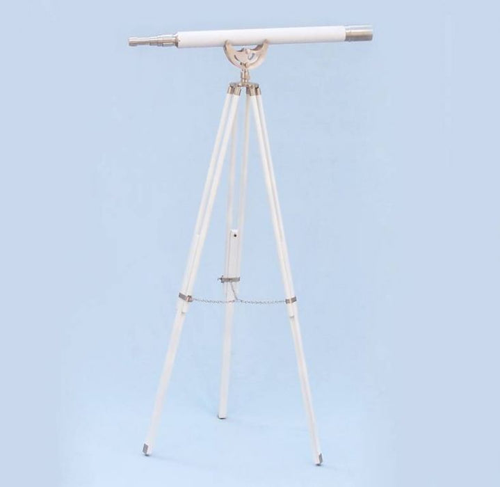 Hampton Nautical 65-Inch Floor Standing Brushed Nickel with White Leather Anchormaster Telescope Body Mounted on Tripod with Extended Legs and Chain