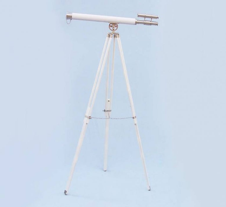 Hampton Nautical 65-Inch Floor Standing Brushed Nickel with White Leather Griffith Astro Telescope Body Mounted on Tripod with Extended Legs and Chain