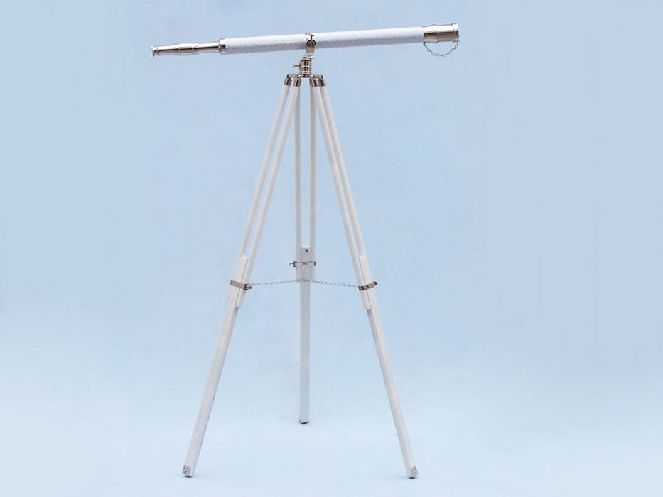 Hampton Nautical 65-Inch Floor Standing Chrome & White Leather Galileo Telescope Body Mounted on Tripod with Extended Legs and Chain