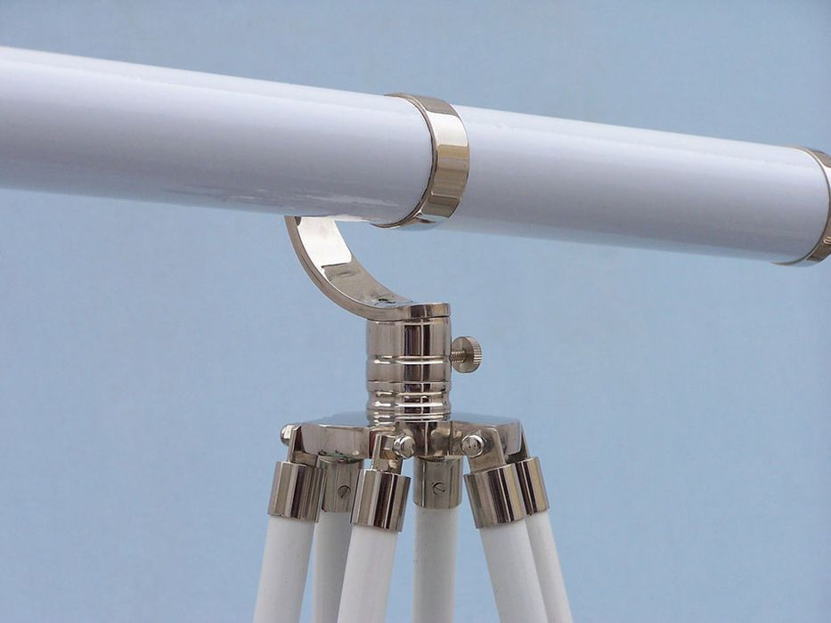 Hampton Nautical 65-Inch Floor Standing Chrome & White Leather Galileo Telescope Tripod Body Base with Knob