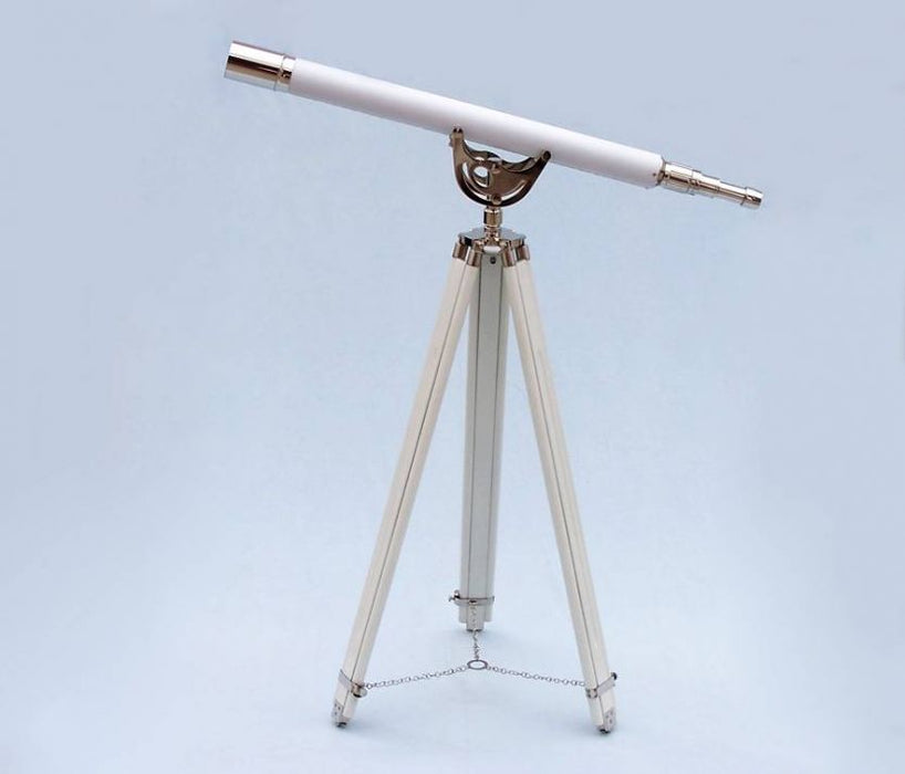 Hampton Nautical 65-Inch Floor Standing Chrome with White Leather Anchormaster Telescope Body Mounted on Tripod 