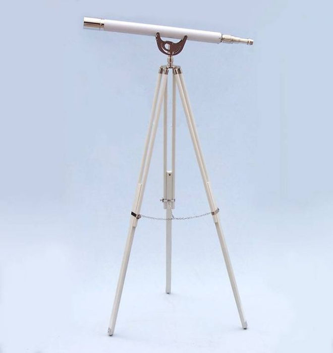 Hampton Nautical 65-Inch Floor Standing Chrome with White Leather Anchormaster Telescope Body Mounted on Tripod with Extended Legs
