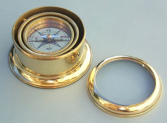 Stanley London Engravable Round Gimbaled Brass Desk Compass