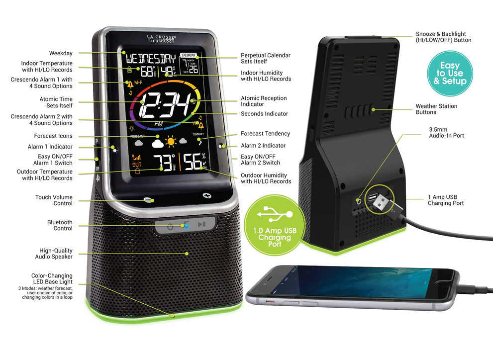 La Crosse Technology Wireless Weather Station with Bluetooth Speaker, Atomic Time and Date